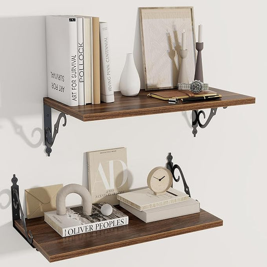 Deep Floating Shelves, 24" W x 12" D Wall Shelves Set of 2, Wide Display Shelf Wall Mounted with Brackets, Bookshelf for Living Room, Bathroom, Bedroom, Walnut