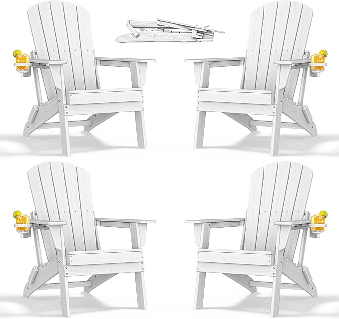 nevilywood Folding Adirondack Chair with Cup Holder Set of 4, HDPE Patio Chairs,All-Weather Outdoor Chairs for Backyard, Deck,Fire Pit-White