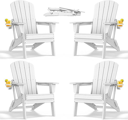 nevilywood Folding Adirondack Chair with Cup Holder Set of 4, HDPE Patio Chairs,All-Weather Outdoor Chairs for Backyard, Deck,Fire Pit-White