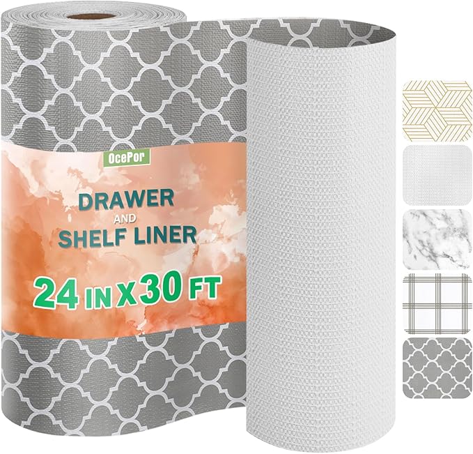 OcePor Non-Adhesive Drawer and Shelf Liner 24IN x 30FT，Non Slip Cabinet and Cupboard Liner, Kitchen Cabinet Liners for Shelves, Waterproof Drawer Shelf Liners for Cabinets/Bathroom Cupboard