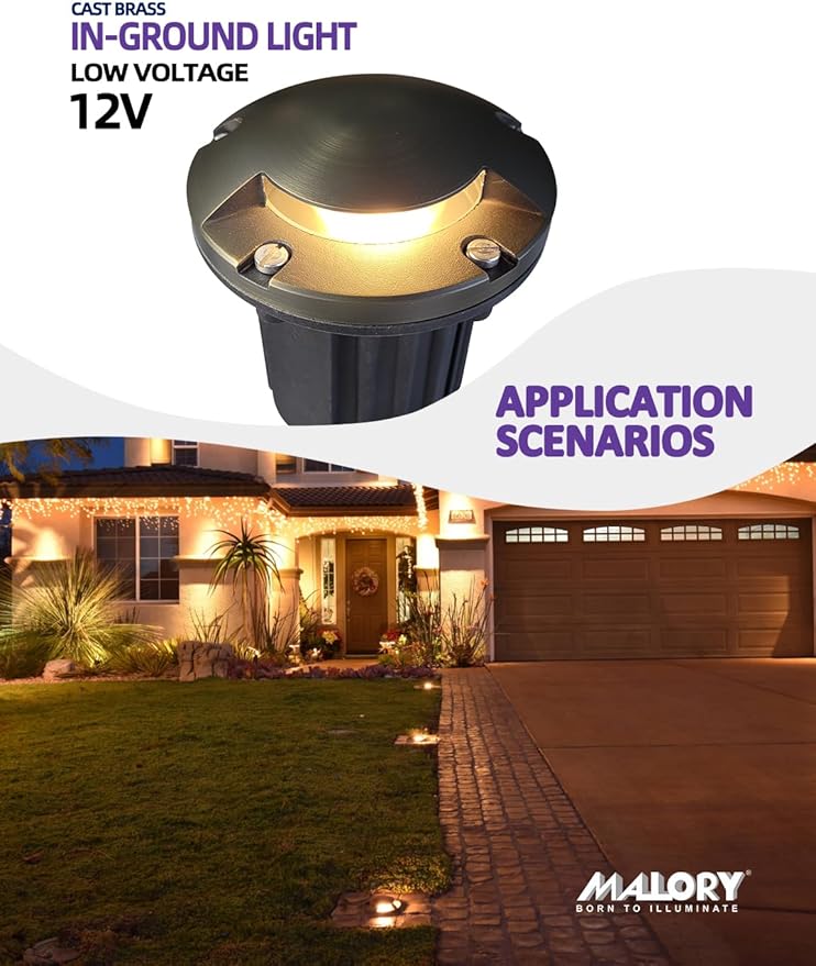 MALORY Brass Top Cover Landscape Well Lights,(5‘’H) 12V Low Voltage Outdoor In Ground Lights,Landscape Lighting for Pathway, Driveway and Garden (One-Direction Turret, 4-Pack Without Bulb)