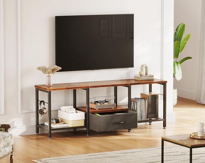 Casaottima 47" TV Stand with Open Storage Shelves up to 55 Inch TVs, Entertainment Center with Fabric Drawers, TV Console Table with Soundbar Shelf TV Stand for Living Room Bedroom, Vintage and Black