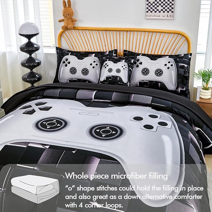 PERFEMET 6 Pieces Bed in A Bag Gamer Comforter Set Queen Size-Black White Game Console Bedding Set for Boys Girls-Soft Comfy 3D Cool Video Game Kids Bed Set(White, Queen)