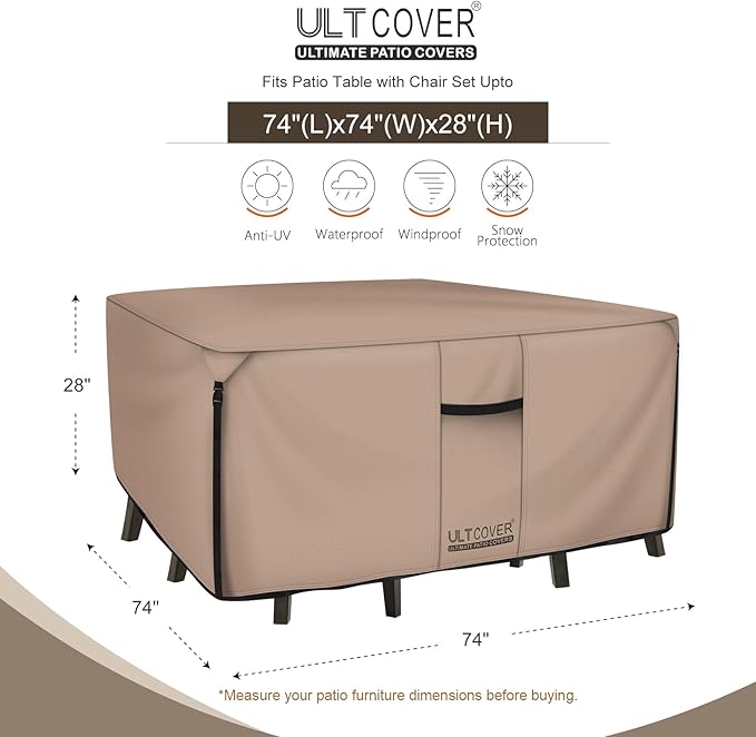 ULTCOVER Square Patio Heavy Duty Table Cover - 600D Tough Canvas Waterproof Outdoor Dining Table and Chairs General Purpose Furniture Cover Size 74 inch