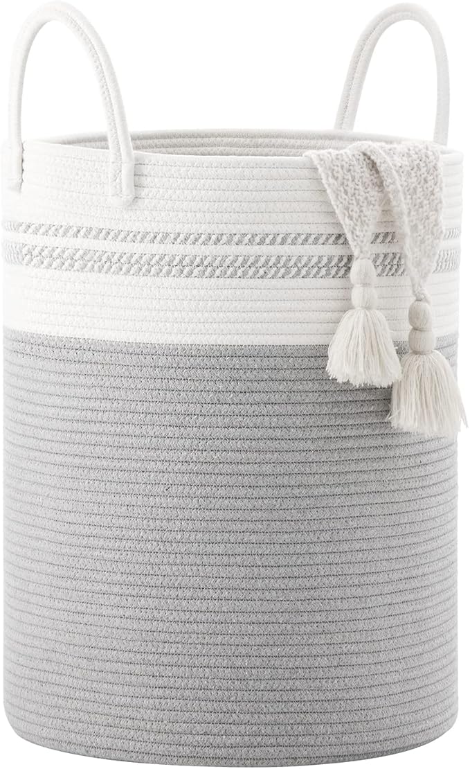 Woven Rope Laundry Hamper Basket, 58L Tall Luandry Basket, Baby Nursery Hamper for Blanket Storage, Clothes Hamper for Laundry in Bedroom-Grey