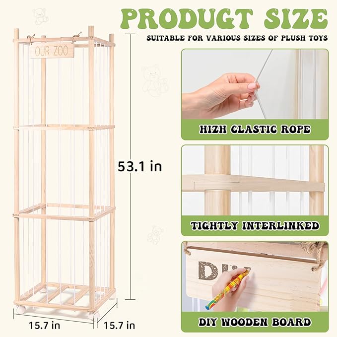 Stuffed Animal Storage & Organizer, Wooden Stuffed Animal Zoo, Large Toy Storage Organizer & Holder, Plush Toy Display Tower Shelf with Wheels for Toddler Rooms, Playrooms & Kids Bedrooms
