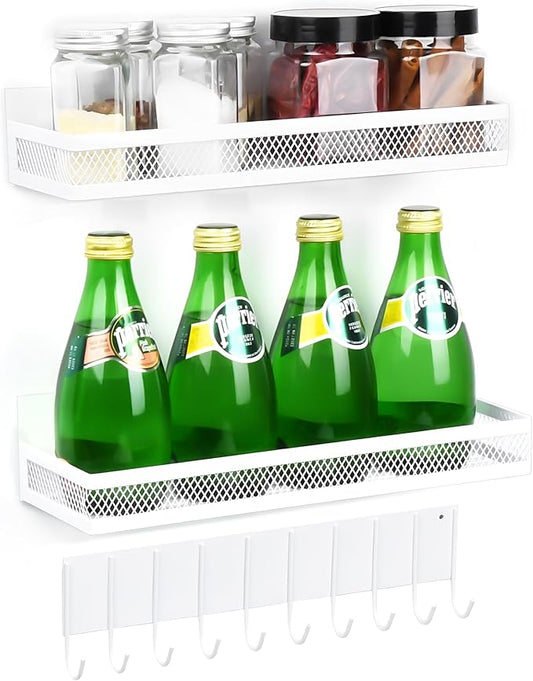 3-Pack Magnetic Spice Rack for Refrigerator, Moveable Shelf with 10 Hooks, Fridge Organizer for Kitchen Storage, White