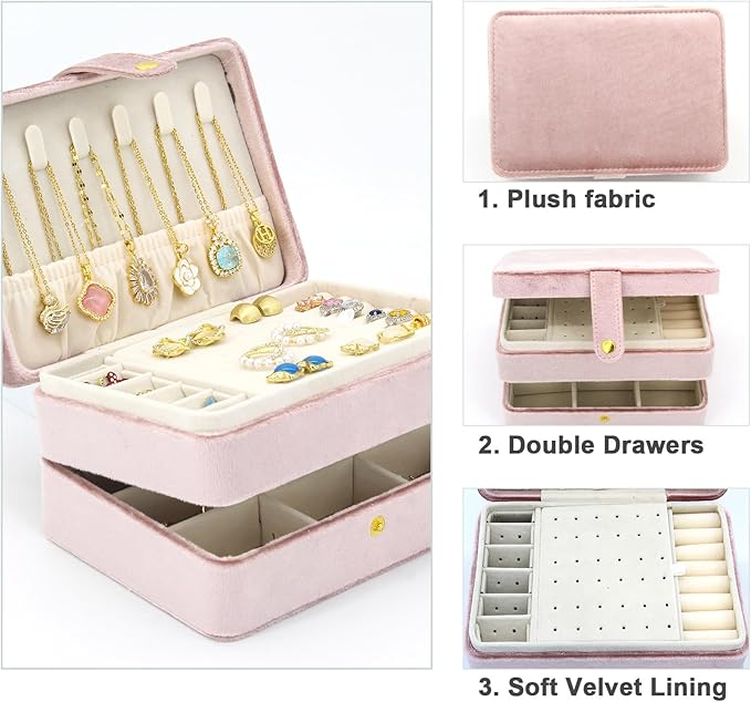 KOOAAICCHI Small Jewelry Box, Travel Jewelry Organizer, Portable Jewelry boxes for Women Girls Gift, Double Layers PU Leather Jewelry Holder for Rings, Earrings, Necklaces-Velvet Pink