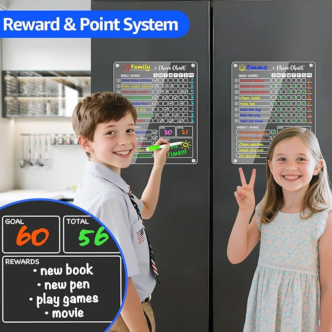 PigPotParty Acrylic Magnetic Chore Chart for Kids on Fridge – 2 Pack 9.5"x12" Weekly Dry Erase Chore Board with 8 Fine Tip Colorful Markers and 1 Towel – for Multiple Kids, Teens and Family