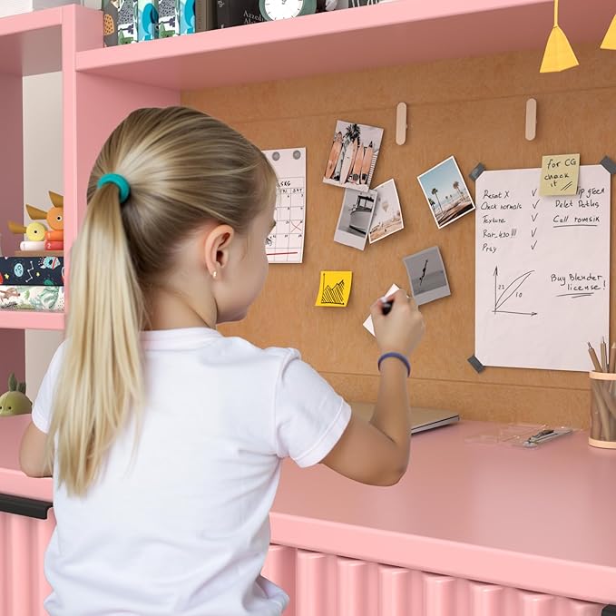 Pink Wooden Kids Fluted Desk and Chair Set,Kids Study Desk with Storage Shelves,Kids Study Table and Chair Set with 4 Fluted Drawers,Girls Study Desk for Kids with Hutch for Bedroom-Q3o2V0