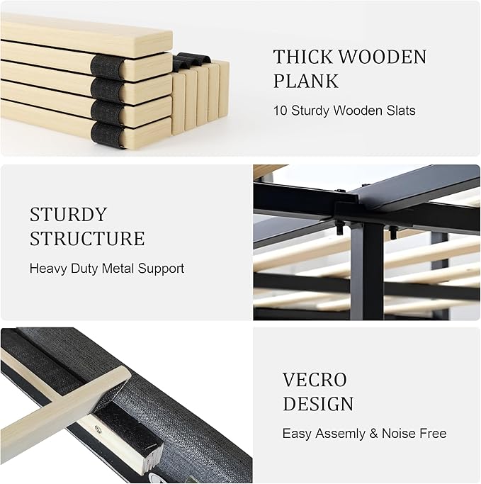 Queen Size Platform Bed Frame with Modern Upholstered Headboard, Wooden Slats Support, Noise Free, No Box Spring Needed, Easy Assembly, Dark Grey, Linen