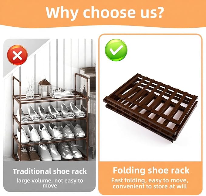 3-Tier Bamboo Shoe Rack, Foldable Shoe Storage Organizer for Closet, Bedroom, Entryway & Living Room - Portable No-Assembly Design, Space-Saving for Shoes & Accessories(3 Tier) (Dark Brown)