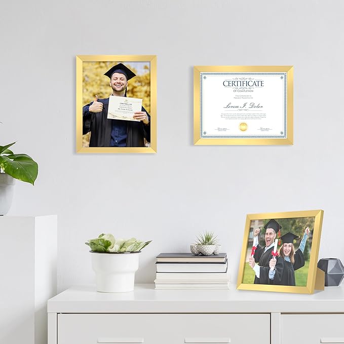 8.5x11 Picture Frame set of 6, Multi Certificate 8.5 by 11 Picture Frames Bulk, Document Diploma Award Frame, Wall Hanging or Tabletop Display, Gold