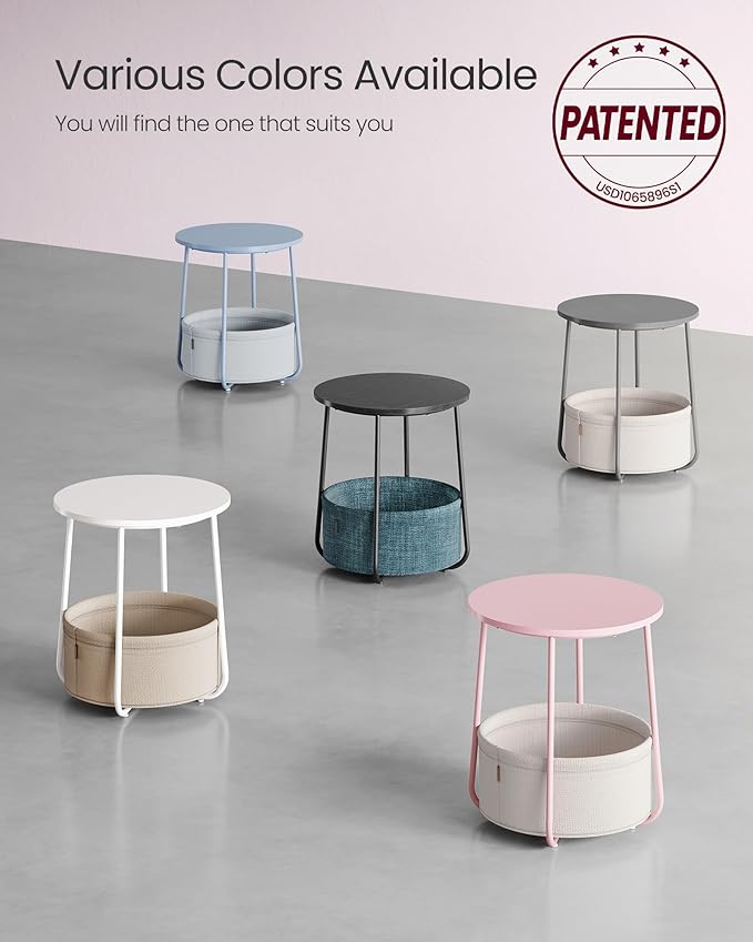 VASAGLE Small Round Side End Table, Modern Nightstand with Fabric Basket, Jelly Pink and Cream White ULET223R61