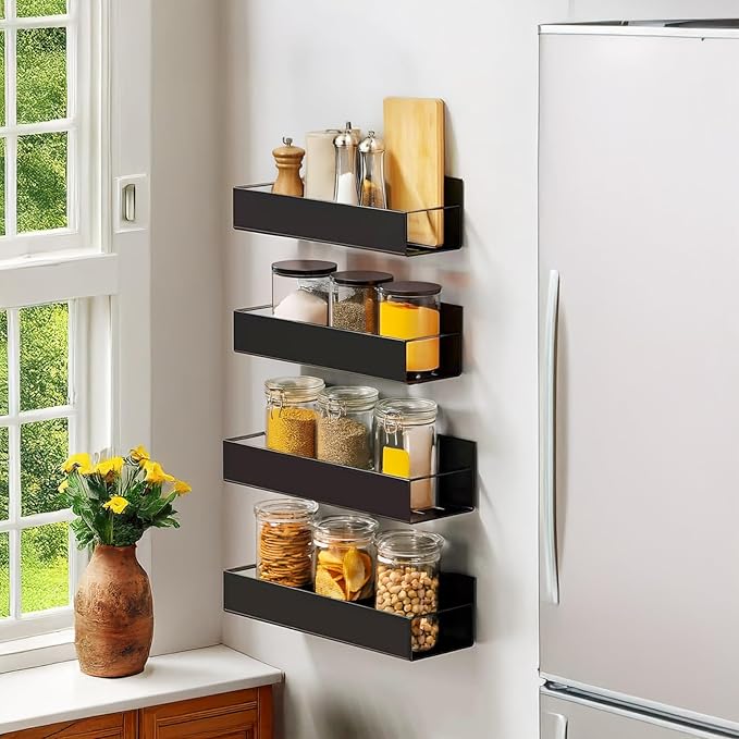 Spice Rack Wall Mount: 4 Packs Oversize Pantry Organization And Storage Rack Without Drilling - 11.8 Inch Black Large Adhesive Hanging Kitchen Spice Racks for Smooth Wall - Seasoning Rack