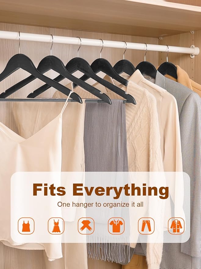 HOUSE DAY Black Wooden Hangers 10 Pack, Solid Wood Hanger with Non Slip Pant Bar, Heavy Duty Wooden Coat Hanger for Closet, Smooth Finish Wood Clothes Hangers for Shirts, Suits, Jackets, Dress