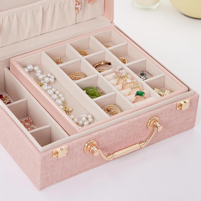 Portable Jewelry Box Organizer for Women Girls with PU Leather, Earring Organizer Box with Makeup Mirror for Christmas and New Year Gifts(Pink)