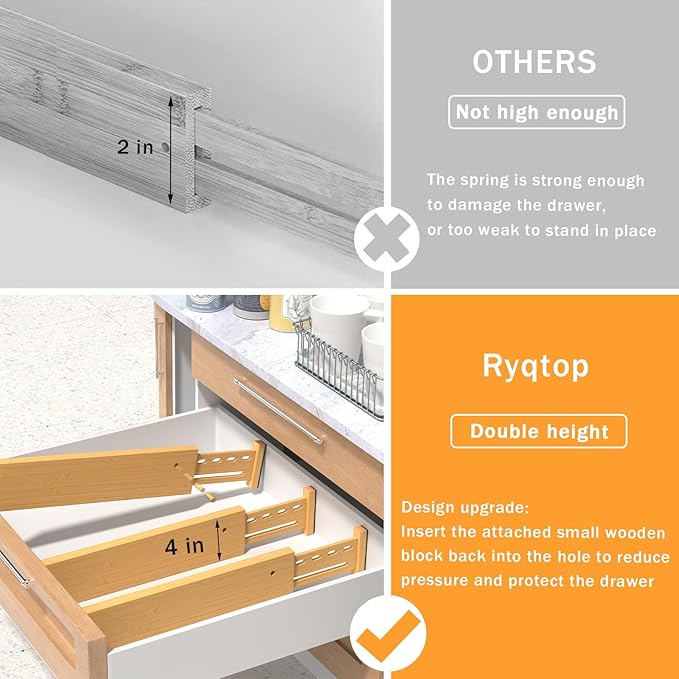 Bamboo Drawer Dividers 4" High, 16.5-22" Adjustable Drawer Organizers for Clothes,Expandable Dresser Separators in Bedroom/Kitchen/Bathroom/Office Organization and Storage,4 Pack