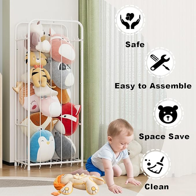 Stuffed Animal Storage Zoo Toy Organizer Corner Plush Metal Chest Extra Large Holder Standing Space Save Vertical With Elastic For Nursery Kids Room,White (White, Large)