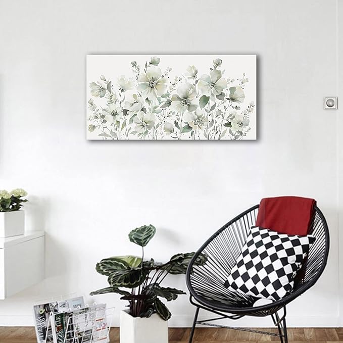 Elegant Flowers Wall Art Abstract Floral Pictures Wall Decor Modern Green Botanical Canvas Painting Flower Blossom Canvas Print Artwork for Living Room Bedroom Office Home Wall Decoration 30" x 60"