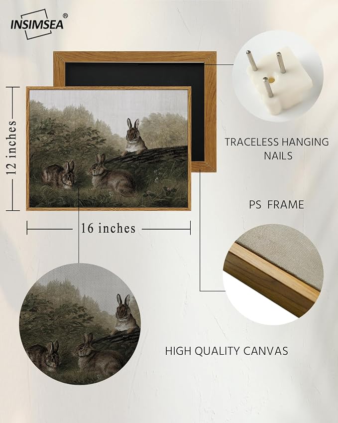 InSimSea Framed Wall Art for Living Room Three Rabbits Vintage Wall Art Easter Bunny Decor Aesthetic Animal Landscape Oil Painting Countryside Farmhouse Wall Decor Colorful for Bedroom Office 12x16in