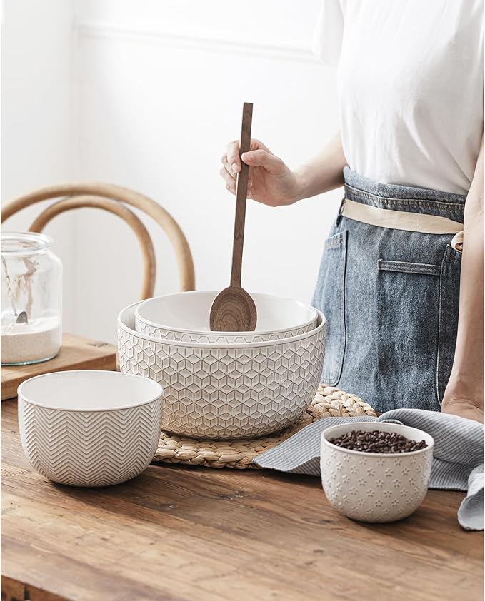 Ceramic Mixing Bowls, Embossed Nesting Bowls, Mixing Bowl Set of 4, Mixing Bowls for Cooking, Baking, Serving, Popcorn, Salad etc, Microwave and Dishwasher Safe, 20/47/99/148 oz, Off-White