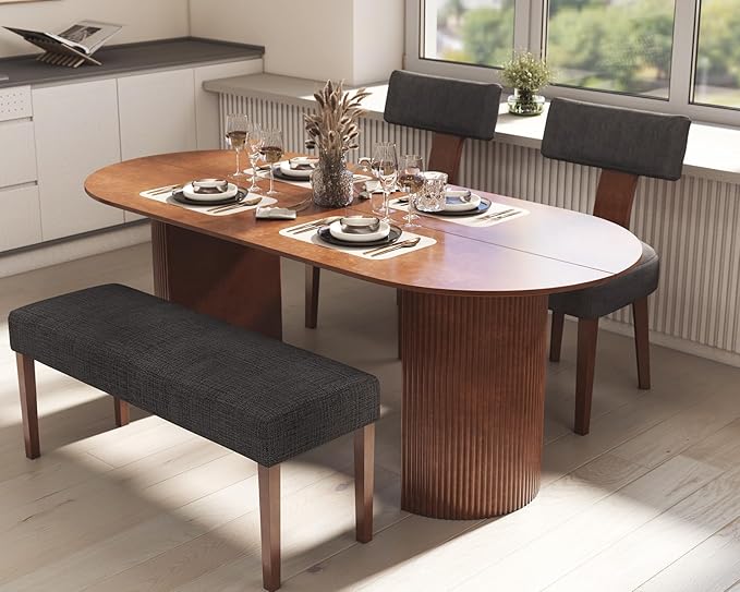 Farmhouse Upholstered Dining Bench Seat Set of 2, 45" Linen Entryway Bench with Natural Wood Legs, Mid Century Modern End of Bed Bench for Kitchen Bedroom Living Room Hallway, Charcoal