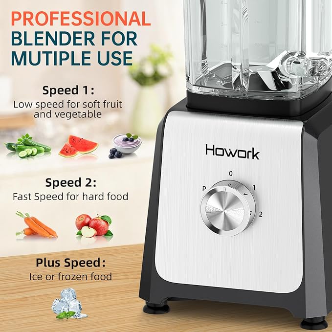 HOWORK Blender for Smoothies, 750W Personal Blender, 56 Oz Glass Jar, 16oz Portable Cups,2+P speed, 3 Functions for Smoothies, Frozen Drinks & Ice Cream,Grey