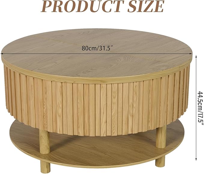 Round Lift Top Coffee Table with Storage, 31.5'' Modern 2-Tier Coffee Table with Hidden Storage Compartment and Open Shelf, Fluted Center Table for Living Room Office (Wood Color)