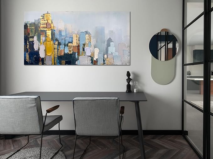 Arjun Abstract Wall Art 3D Textured Skyline Canvas Painting Gold Grey Colorful Modern Cityscape Metropolitan Picture City Artwork Framed Large for Living Room Bedroom Bathroom Home Office Wall Decor