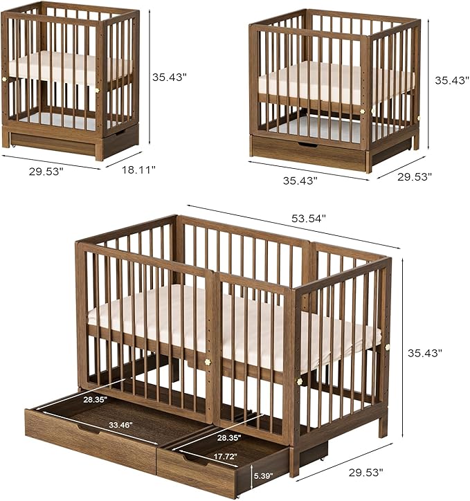 JOYMOR 8 in 1 Convertible Crib with Changer, Include 2” Mattress, Converts to Bassinet, Mid Crib, Full Size Crib, Daybed,Toddler Bed and Playard (Crib with Drawer, Honey Wood)