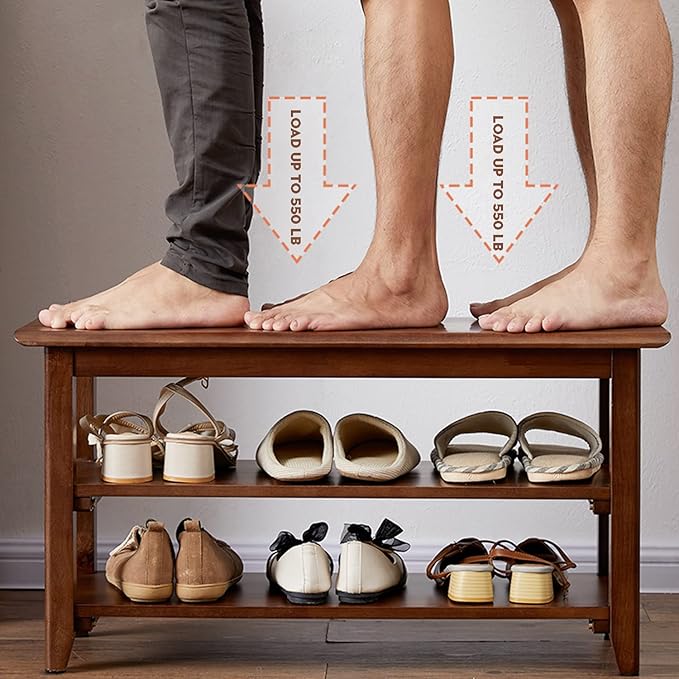 Shoe Bench with Storage for Entryway, 48", Shoe Rack Bench with 3-Tier Organizer Shelf for Hallway, Bedroom, Living Room, Solid Wood, Holds Up to 550Lbs, Dark Brown