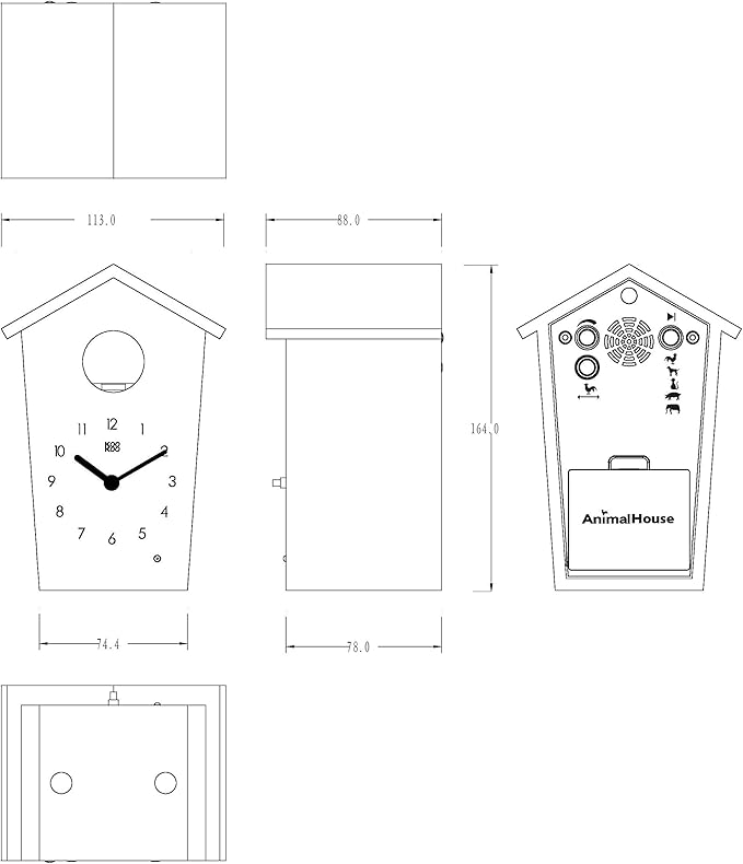 KOOKOO AnimalHouse Blue, Small Cuckoo Clock with 5 Farm Animals Sounds (Natural Field Recordings)