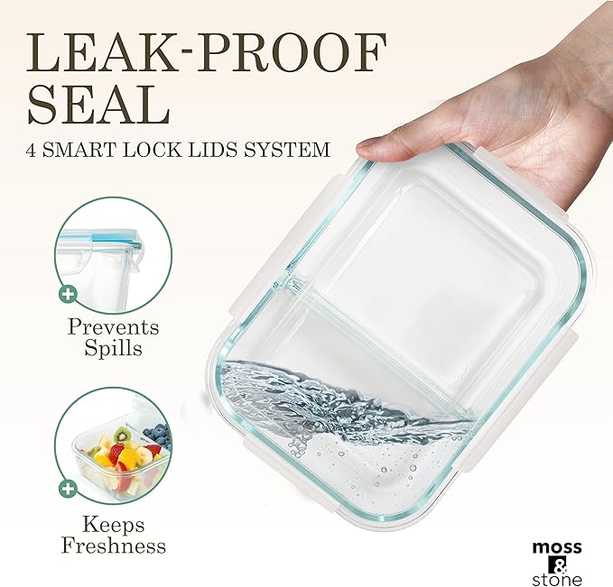 Moss & Stone 4-Pack Divided Kitchen Glass Food Storage Containers Set with Lids – Reusable 2-Compartment Glass Meal Prep Containers for Kitchen, Lunch or Fridge, Airtight Snap-Lock – 2 Sizes Included