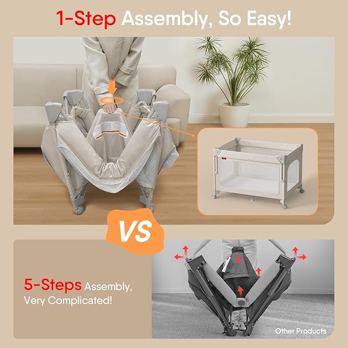 4 in 1 Baby Bassinet, Pack and Play, Bedside Crib Sleeper, Diaper Changer, Quickly Assembled and Folded Portable Crib with Mattress and Mosquito Net, Easy to Carry