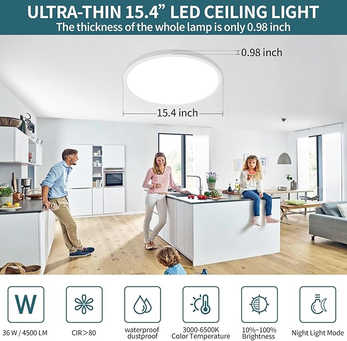 Led Ceiling Light Fixtures Dimmable with Remote Control, 15.4 Inch Ultra Thin Modern Flush Mount, 36 W, 4500 LM, with Night Light, for Bedroom, Kitchen, Dining Room, Living Room