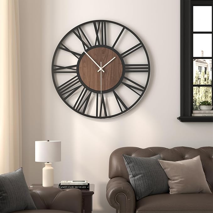 30" Extra Large Wall Clock, Modern Battery Operated Silent Non Ticking 30 inch Decorative Wood Metal Wall Clock, Black Round Big Clocks for Living Room, Bedroom, Kitchen, Office Decor-Roman Numerals