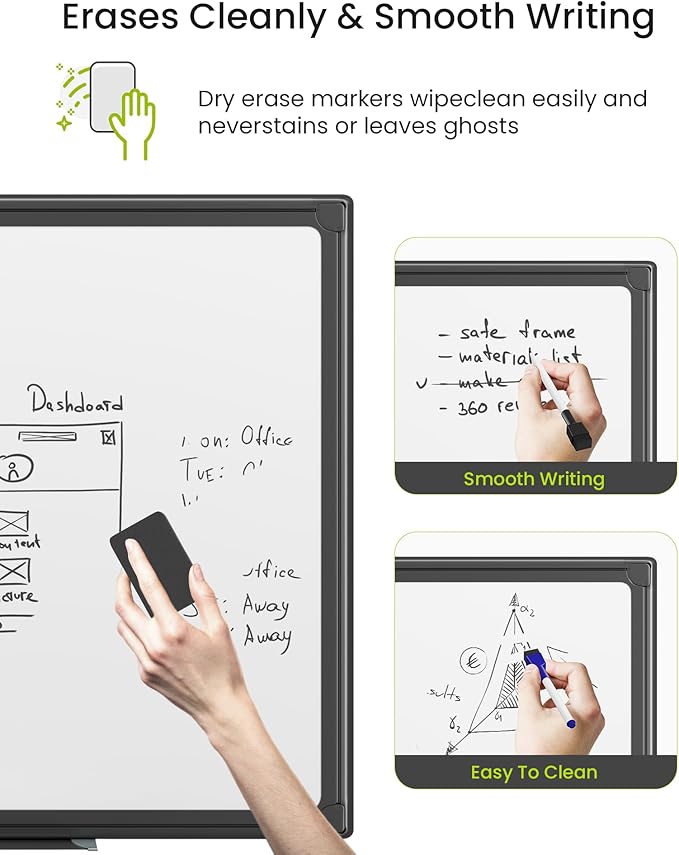 VUSIGN Magnetic White Board Dry Erase 36" x 24" with 1 Dry-Erase Eraser, 2 Multicolor Marker, 4 Magnetic Pins, Black Reinforced Aluminum Frame for Office, Home, School
