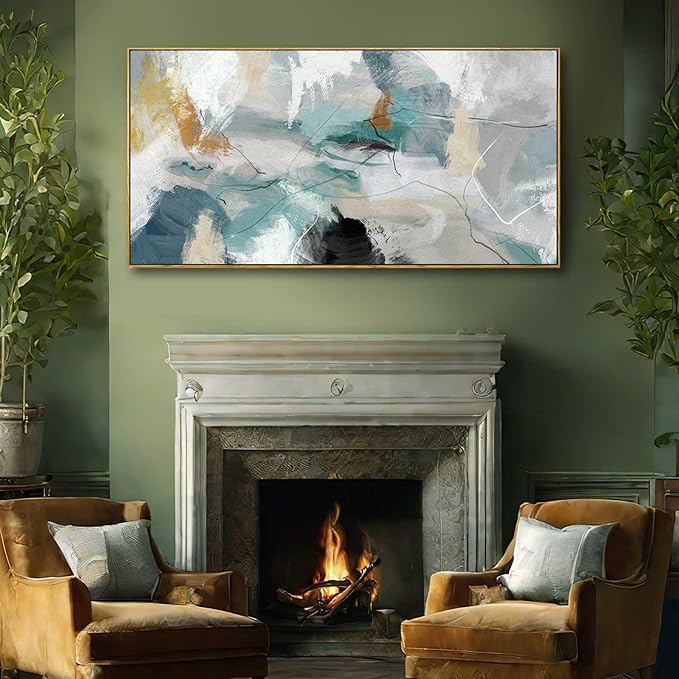 Wall Art Living Room Decorations 24"x48" Teal Wall Art Abstract Paintings Modern Framed Art Room Decor for Bedroom Kitchen Office