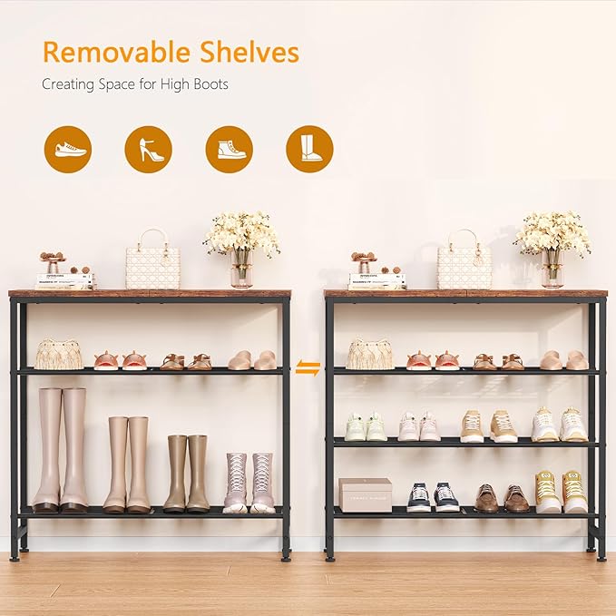 usikey 4-Tier Shoe Rack, Industrial Shoe Storage Organizer for 9-12 Pairs of Shoes, Metal Shoe Shelf with Wooden Top, Shoe Stand with 3 Metal Shelves for Entryway, Hallway, Closet, Rustic Brown