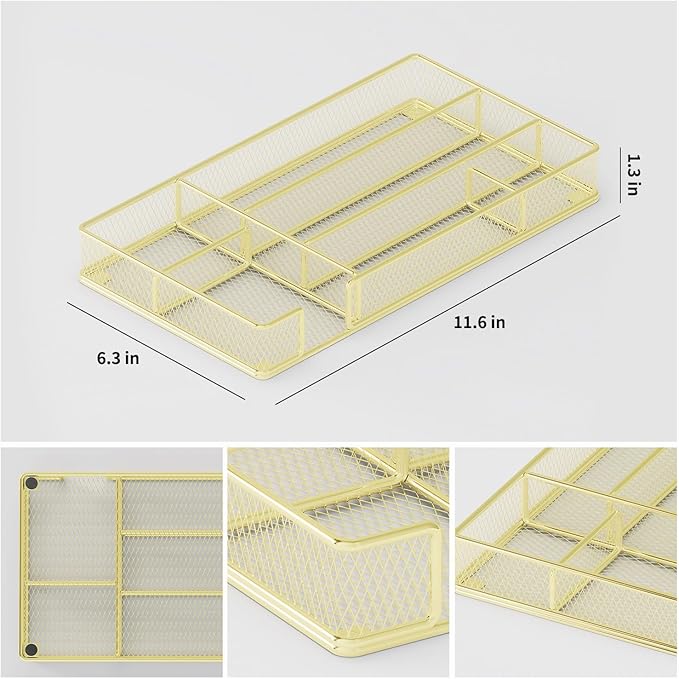 Desk Drawer Organizer Tray, Office Drawer Organizer, Desk Accessories & Workspace Organizers, Suitable for Tools, Pencils, Office Supplies Storage (Gold)