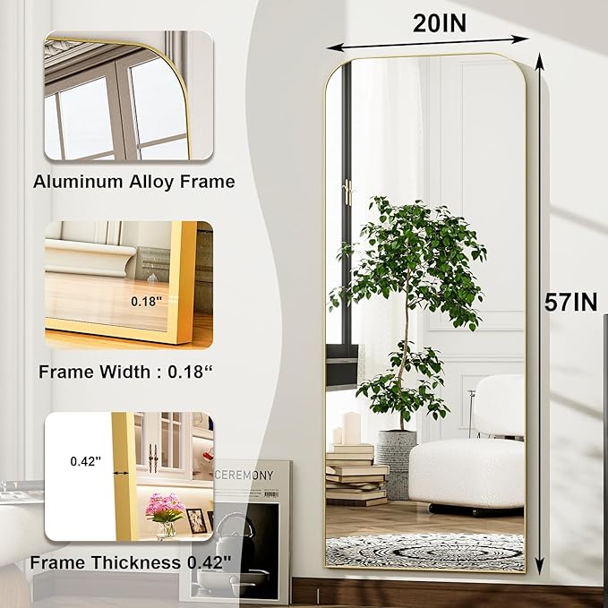 HARRITPURE 57"x20" Full Length Mirror Full Body Mirror Top Rounded Corner Aluminum Frame Hanging or Leaning Wall Floor Mirror with Stand for Living Room Bedroom Cloakroom,Gold