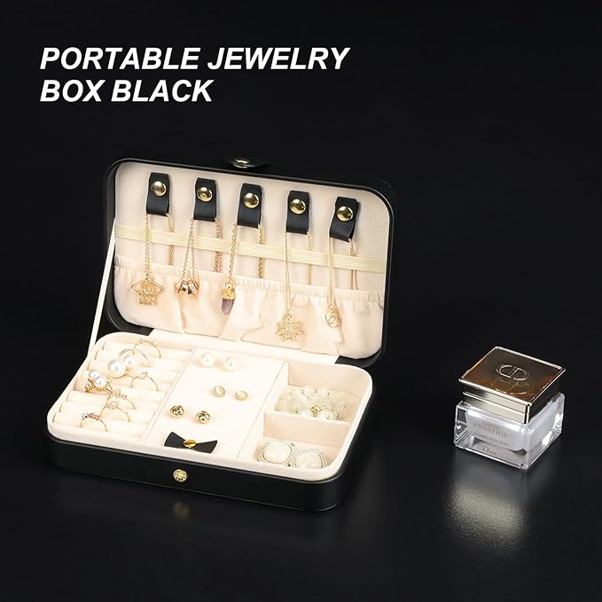 Small Jewelry Box, Travel Jewelry Case Portable Jewelry Boxes for Women, 2-Layer Mini Jewelry Travel Organizer, Gift for Women Girls,Black B