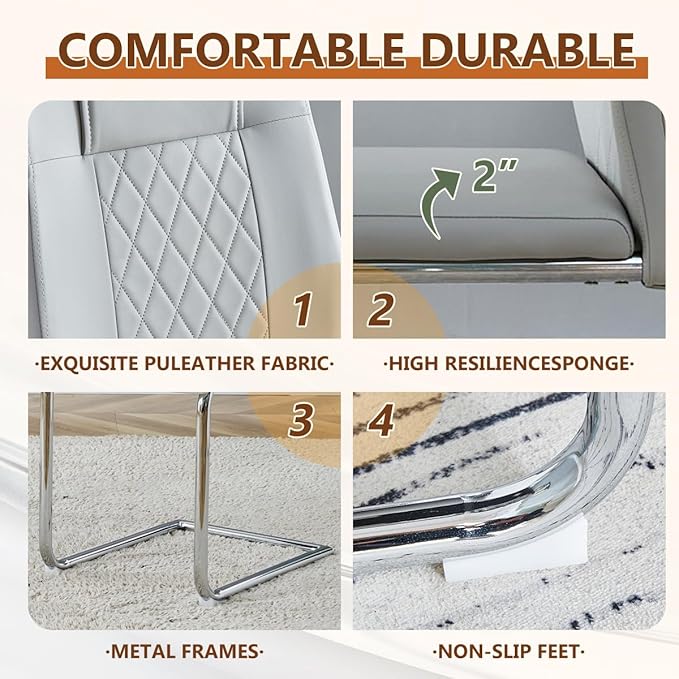 63'' Glass Dining Table Set for 6, Kitchen Table Chairs Set of 6, Clear Glass Dining Table with White unique design Leg and Silver Metal Base, 6 PU Dining Chairs with Metal Legs, Living Room, Kitchen.