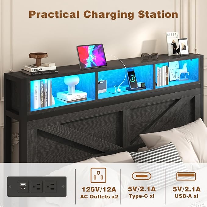 Farmhouse Queen Bed Frame with Bookcase Storage Headboard, Charging Station, LED Light and 2 Storage Drawers, Noise Free, No Box Spring Needed, Black