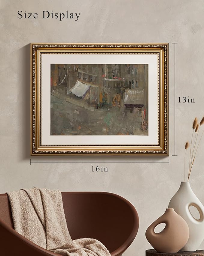 VIYYIEA Gold Framed Wall Art Canvas Print Home Decor Dark Brush Landscape Abstract Shapes Oil Painting Vintage Wall Decor Boho Decorative Aesthetic Room Decor for Living Room Bedroom Office 13x16in