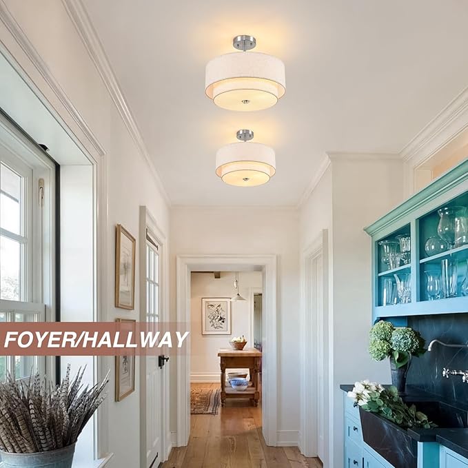 16" Semi Flush Mount Ceiling Light, Brushed Nickel 3 Light Double Drum Fabric Lampshade Lighting Fixtures for Living, Dining Room, Bedroom, Kitchen, Hallway (Canopy for Sloped/Flat Ceiling)