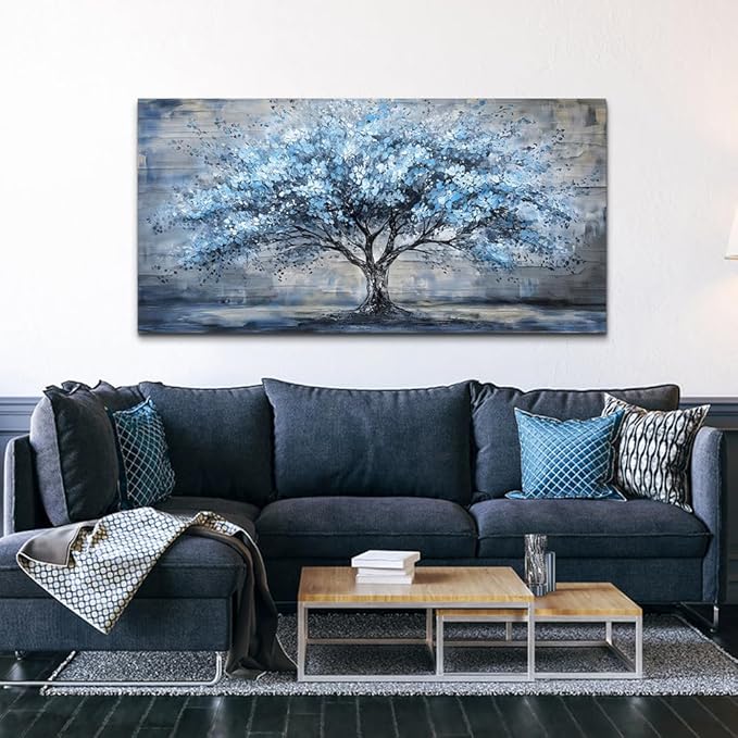 Large Wall Decor for Living Room Canvas Wall Art for Office Modern Wall Decorations for Bedroom Blue Tree Landscape Paintings Abstract Pictures Artwork Farmhouse Room Home Decor 24x48 in