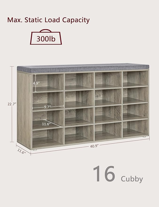 DINZI LVJ Shoe Storage Bench with Cushion, 16-Cubby Shoe Rack, Adjustable Shelves, Multifunctional Shoe Organizer Bench for Entryway, Mudroom, Hallway, Living Room, Bedroom and Garage, Gray Wash