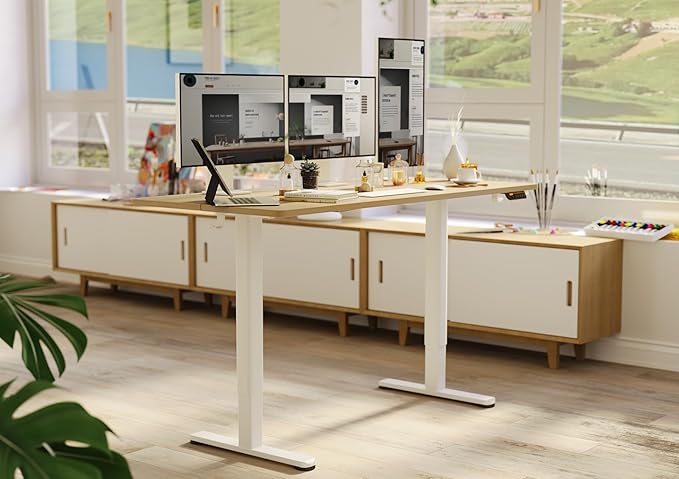 Claiks Electric Standing Desk, Adjustable Height Stand up Desk, 63x24 Inches Sit Stand Home Office Desk with Splice Board, White Frame/Nature Top